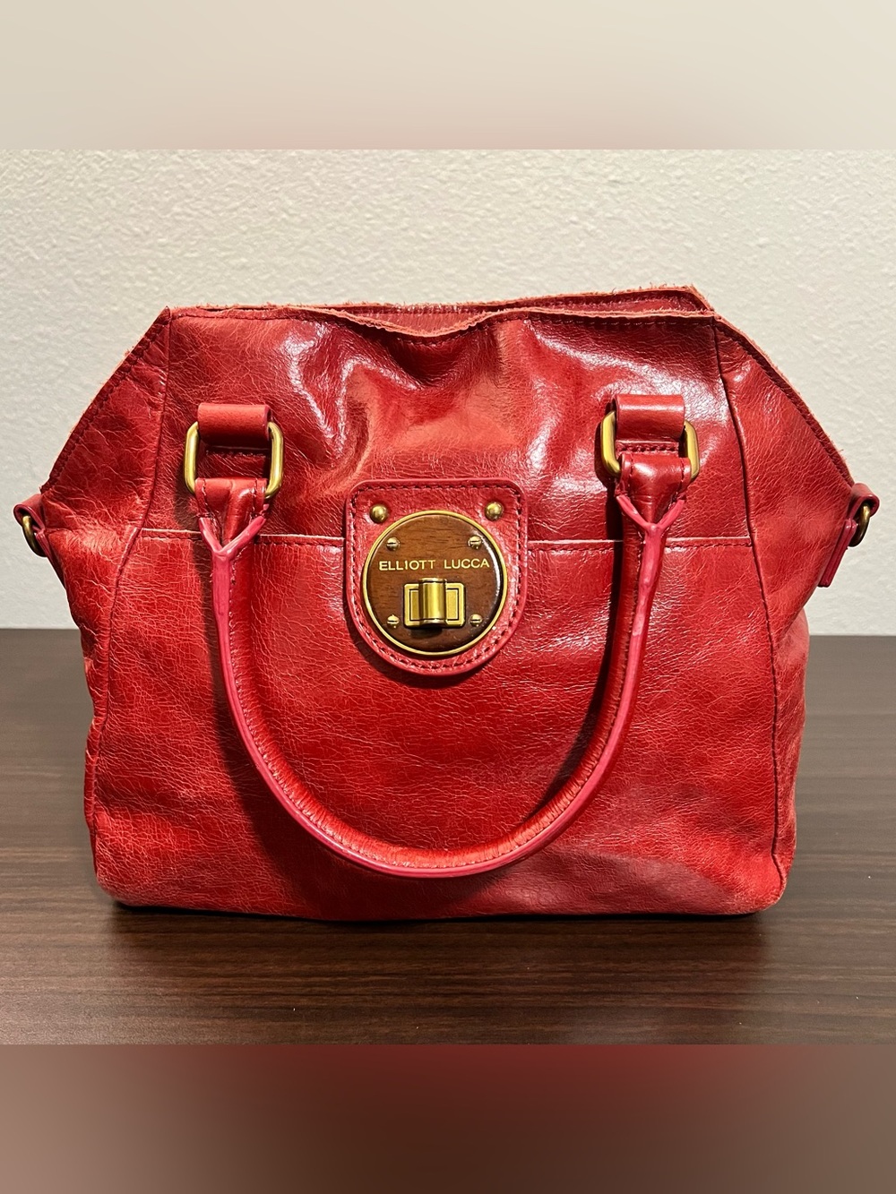 Elliott Lucca Red Leather Satchel with Stap and Gold Hardware